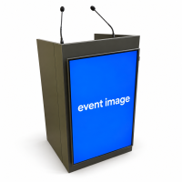 Digital lectern with 43-inch vertical screen, charcoal finish, with AKG gooseneck microphones – rental Lisbon